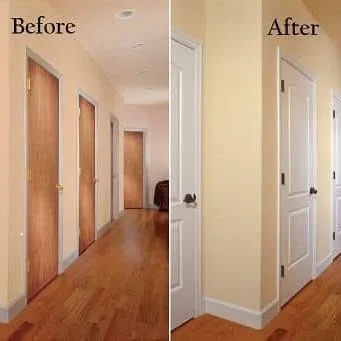 Hallway with several finished doors after repair work